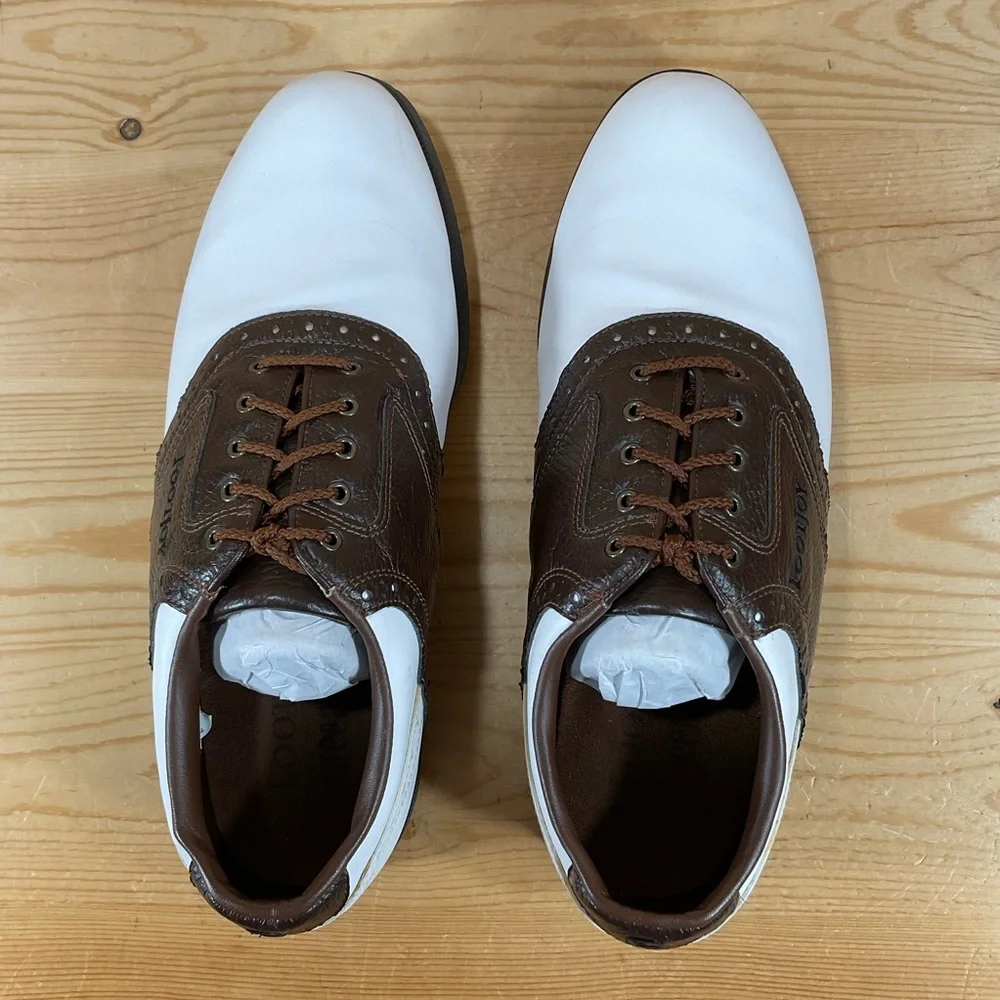 FootJoy FJ GreenJoys Golf Shoes Men’s 10.5 M White Brown Saddle Oxford 45500